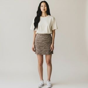 Vintage Tweed Bodycon Mini Skirt, Stretchy Boucle, Size L